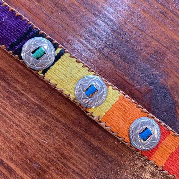 Vintage Guatemalan Woven Leather Concho Belt - Picture 4 of 17